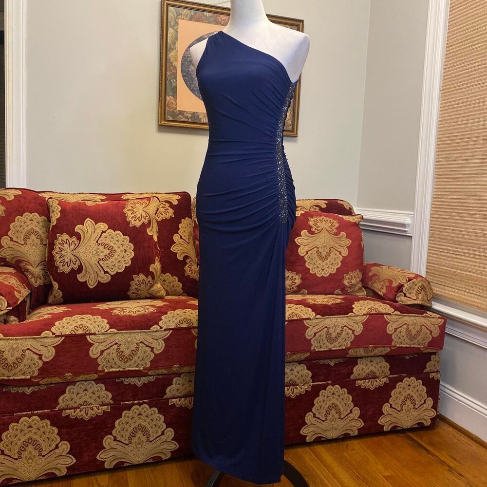 y2k prom/formal navy blue one shoulder maxi dress with beaded details